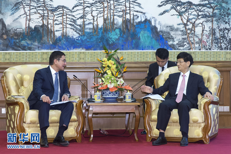7月19日，中共中央政治局委員、中央政法委書記孟建柱在北京會見烏茲別克斯坦副總理庫奇卡羅夫。 新華社記者崔新鈺攝