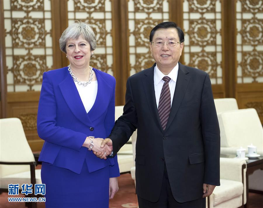 2月1日，全國人大常委會委員長張德江在北京人民大會堂會見英國首相特雷莎·梅。新華社記者 李濤 攝